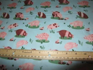 Blue With Multicolored Pigs in Grass Cotton Fabric BTY - Picture 1 of 1