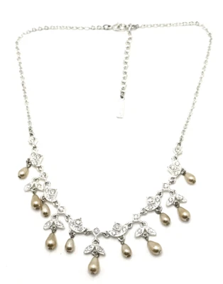 NAPIER Rhinestone Floral Choker Necklace Faux Pearl Dangle Beads 16"-18" - Image 1 of 4