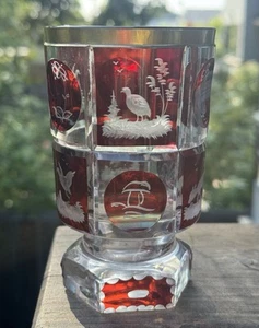 Vintage Egermann Cranberry Ruby Bohemian Cut Thumbprint Glass Gold Rim H 5” - Picture 1 of 16