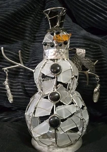 Schneemann Draht Milchglas 9" Teelicht Kerzenhalter Meer Glas Winter Urlaub - Bild 1 von 14