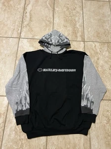 rara felpa con cappuccio vintage Y2K harley davidson flame sleeve color block nero grigio 2XL - Foto 1 di 9