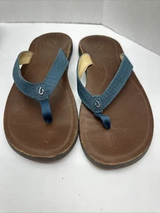 Olukai Women Sz 8 EU 38 PUA-W Brown Blue Leather Flip Flop Sandals 20289 OCFC - Picture 1 of 9