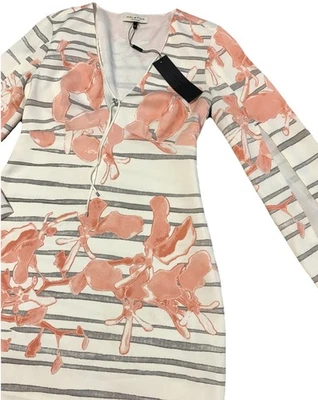 Новый с Ярлыками Halston Heritage женщин 4 цветочный мини-платье полоски белый серый разрез рукав - Изображение 1 из 4