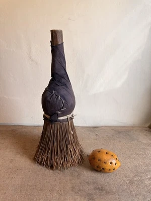 Tall Antique Handmade Chunky Whisk Broom Wooden Handle Old Blue Fabric Wrapped - Image 1 of 4