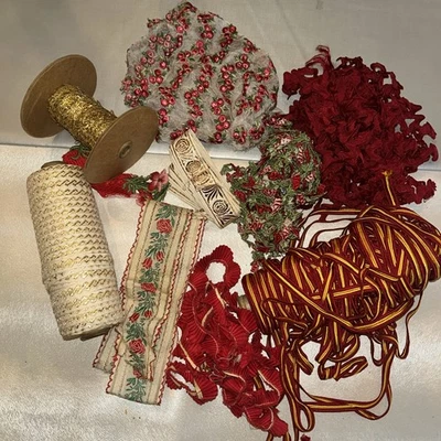 LOT vintage Embroidered ribbon Trim Gold Red Green Christmas Flowers Estate - Image 1 of 4