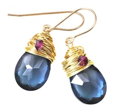 Spyglass Designs Earrings mde w/ Crystal London Blue Topaz 14k Solid Gold Wrap - Image 1 of 4
