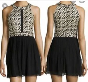 Romeo Juliet Couture size S Black Gold Grecian neck Cocktail Dress Short pleated - Picture 1 of 12
