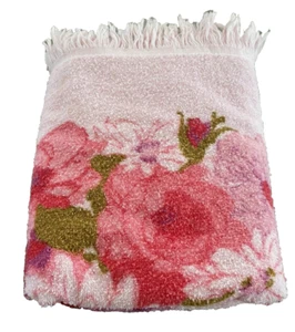 Vintage Retro Mod Bath Towel Pink Floral Cotton Fringe MCM 70's Terry Cloth - Imagen 1 de 6