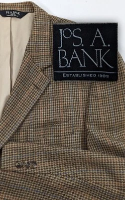 Jos Bank Blazer Coat Sport Suit Jacket Wool Cashmere 3 Bttn Plaid 44L 46" FLAW - Image 1 of 4