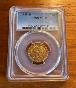 1909-D $5 TESTA INDIANA ORO MEZZA AQUILA PCGS MS 62 - Foto 1 di 2