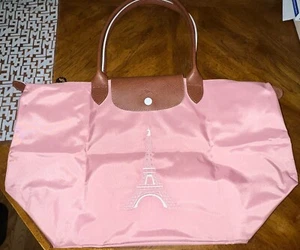 LONGCHAMP LE PLIAGE PINK Limited Ed EIFFEL TOWER EMBROIDERED LARGE Long Handle - Picture 1 of 12