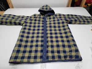 Vtg PVC Mens Olive Green Blue Plaid Flannel Lined Hooded Raincoat REVERSIBLE - Picture 1 of 12
