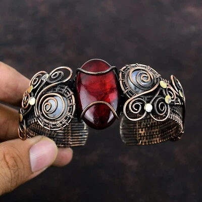 Red Fire Labradorite Copper Bestie Gift Wire Wrapped Adjustable Cuff - Image 1 of 4