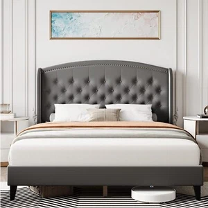 Full Queen King Size Bed Frame Upholstered Platform Bed with Wingback Headboard - Picture 1 of 26