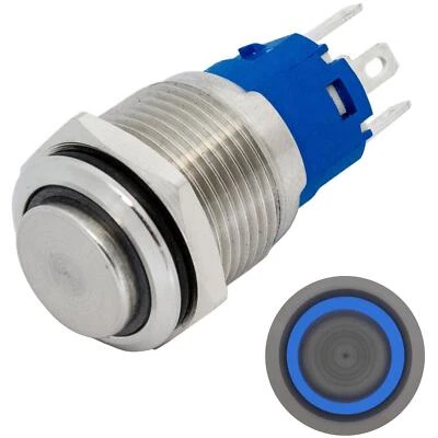 Stainless steel Pressure switch raised Ø16mm Ring LED Blue IP65 2,8x0,5mm Pins 2 - Image 1 of 3