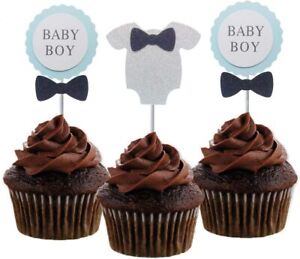 Baby Boy Cupcake Toppers with Black Bow Tie - Pack of 24 - Baby Shower, Birthday