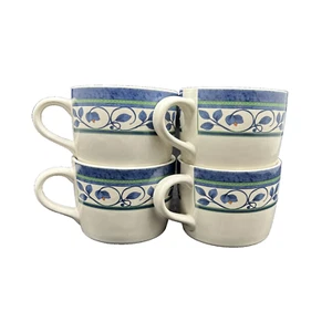 Pfaltzgraff ORLEANS Flat Teacup Coffee Mug Blue Green Floral SET OF 4 - Picture 1 of 5