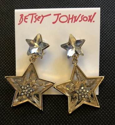 Pendientes colgantes Betsey Johnson tono dorado celestial punk doble estrella nuevos con etiquetas Foto 1 de 4