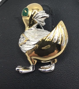 Vintage NOS Carucci Baby Duck Small Pin - Two Tone with Crystals and Green Eyes - Picture 1 of 8