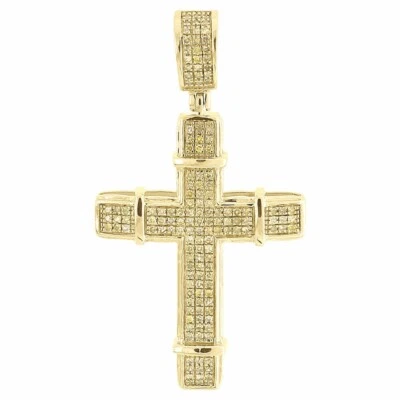 Deal 14k Yellow Diamond Cross Pendant Mens Round Pave Design Charm 2.35Ct  - Image 1 of 4