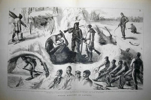 CAZA DE ALCES EN CANADÁ; Pesca; 6 bocetos; desplegable extra grande. Original 1881 - Imagen 1 de 1