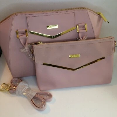 Joy & Iman Couture Leather Blush pink lg satchel & clutch w velvet details NEW - Image 1 of 4
