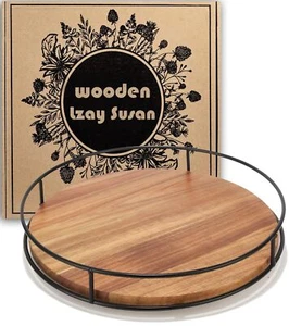 12" Acacia Wood Lazy Susan Turntable Kitchen Organizer Turntable With Steel Side - Picture 1 of 7