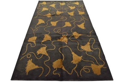 Contemporary Rug 6′ x 9’7” Dark Gray Gold Wool/Silk Hand-Knotted Carpet - Image 1 of 4