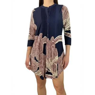 Ice Silk Pintuck Tunic Top Navy Multi Mandarin Collar Bohemian Womens 1XL - Image 1 of 4