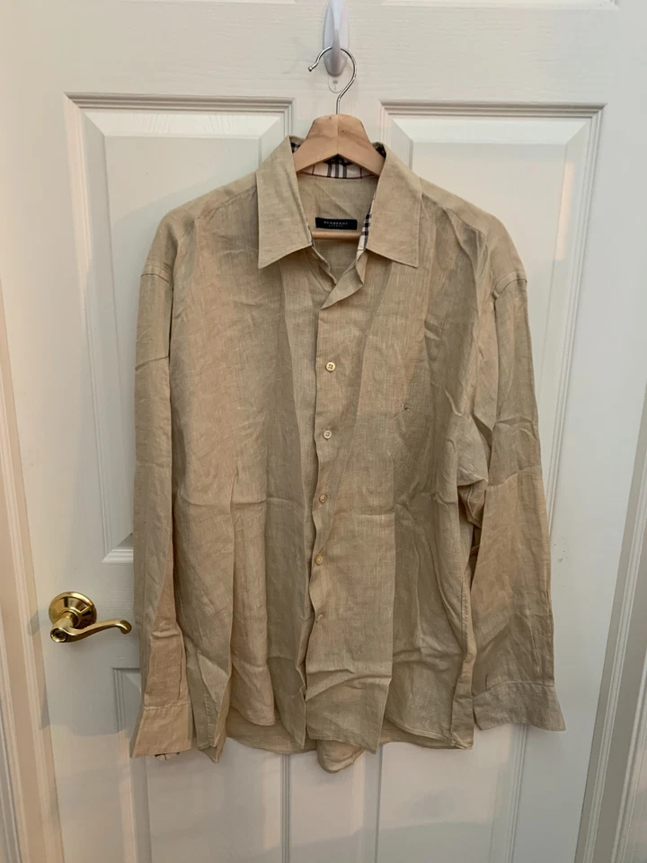 Camisa Burberry Para Hombre Lino Tostado Manga Larga Abotonada Talla L Foto 1 de 4
