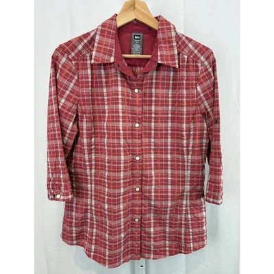 Рубашка REI размер S клетчатая с застежкой спереди рукав 3/4 нейлоновая смесь сетка с подкладкой коралловый красный  - Изображение 1 из 4
