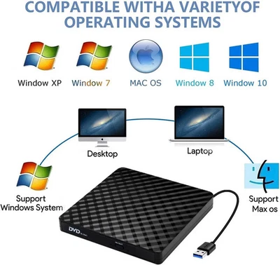 External CD DVD Drive for Laptop USB 3.0 Type-A Slim Portable Player CD DVD RW - Image 1 of 4