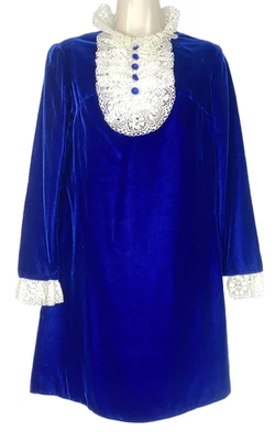 Minivestido vintage años 60 terciopelo azul manga larga blanco encaje puños cuello XS XXS Foto 1 de 4