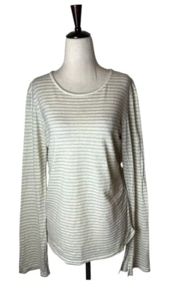 Camisa con Marco Mujer Grande Marfil Metálico Dorado Rayas Mezcla de Lino Puño Dividido Camiseta Foto 1 de 4