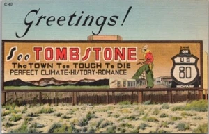 Cartelera/lino vintage de carretera postal de saludos de Arizona Tombstone - 1951 - Imagen 1 de 2