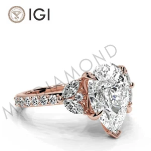 IGI 5.00 CT E VS1 Pear Cut Lab Grown Diamond Engagement Ring 18K Rose Gold - Picture 1 of 10