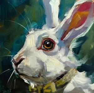 White Rabbit in Bow Tie Oil Painting Original Whimsical Animal Art 6x6 In - Picture 1 of 6