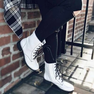 New Womens Round Toe Lace Up Military Combat Ankle Booties Boot Studded Trim Zip - Picture 1 of 23