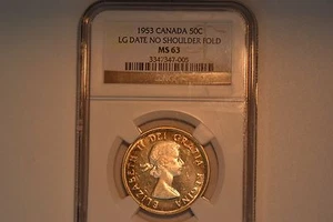 Canada: 1953 Fifty Cents- NGC MS-63.  LG Date- No Shoulder Fold.  Rare. - Picture 1 of 3