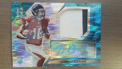 2015 PANINI SPECTRA JUSTIN HARDY AUTO 2 COLOR PATCH RC #08/50  FALCONS neon auto - Image 1 of 2