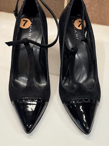 Tahari Heels Belinda Women Size 7 Black Patent Leather Suede T Strap Pointes Toe - Picture 1 of 10