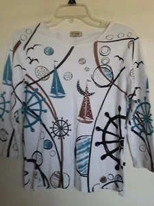 Women Cactus  White Sail Boats Prints Embellished Top Shirt  Size M  Nice - Picture 1 of 4