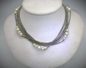 David Yurman 925 750 Multi Strand 8 Box Chain Pearl Buckle 15" Necklace Choker - Picture 1 of 7