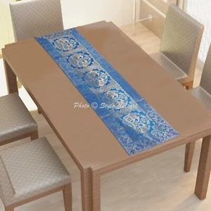 Bohemian Jacquard Table Runner Brocade Blue Elephant Long Indian Table Cover - Picture 1 of 6