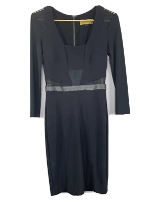 Vestido Nicole Miller Mujer Talla 2 Negro Manga Larga Malla Recorte Cuero Detalle Foto 1 de 4