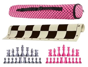 Archer Weighted Chess Set - Vinyl Board w/ Pieces & Bag- Black & Silver & Pink - Picture 1 of 5