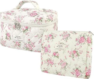 Große Kosmetiktasche Rosa Blumen Kosmetiktasche Gesteppt Blume Reise Make-up Kulturbeutel - Bild 1 von 5