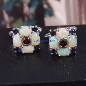 Natural Ethiopian Opal Sapphire & Garnet Stones 925 Sterling Silver Cufflinks #4 - Picture 1 of 3