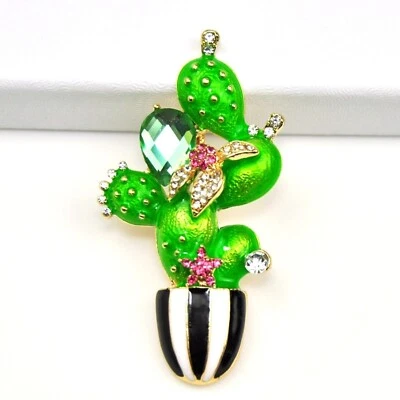 Broches de hoja de cactus esmalte y diamantes de imitación broches de joyería de moda regalo Foto 1 de 4