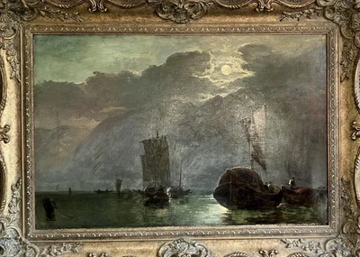 Antique Oil Painting Romantic Moonlight Seascape Thomas Whittle Jr 1842-1915 - Image 1 of 4